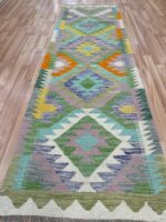 Afghan Handmade Runner Kilim Wool Green & Blue 249X77