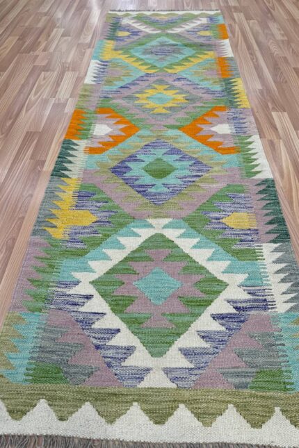 Afghan Handmade Runner Kilim Wool Green & Blue 249X77