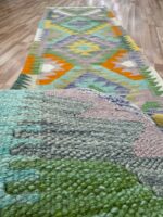 Afghan Handmade Runner Kilim Wool Green & Blue 249X77