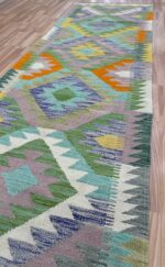 Afghan Handmade Runner Kilim Wool Green & Blue 249X77