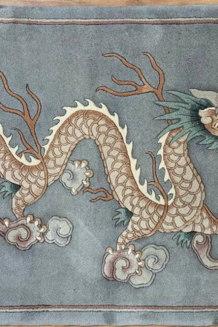 Chinese Handmade Rug Dragon Design Super Fine Wool Gray & Cream 150X90
