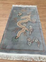 Chinese Handmade Rug Dragon Design Super Fine Wool Gray & Cream 150X90