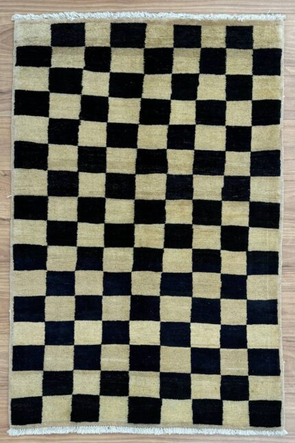 Gabbeh Chess Design Handmade Rug Wool Black & Beige 147X90