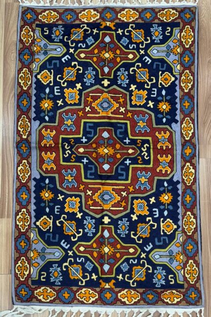 Kashmir Handmade Kilim Silk Garden Blue & Red & Gold 122X73