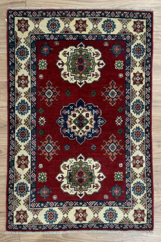 Kazak Handmade Rug Wool Red & Blue & Beige 152X99