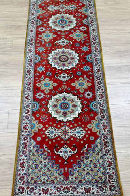 Persian Qom Garden Runner Handmade Rug Super Fine Silk Red & Gold 232X70