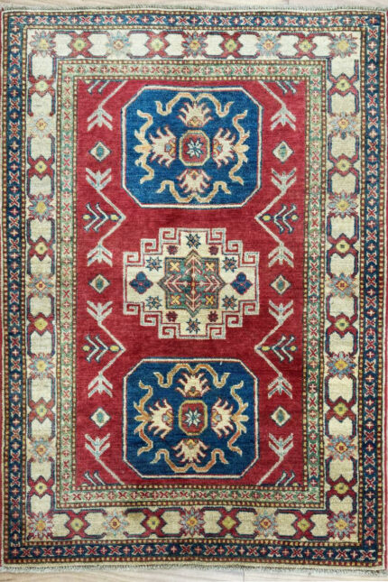 Afghan Kazak Handmade Rug Super Fine Wool Beige & Red & Blue 143X99