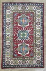 Afghan Kazak Handmade Rug Wool Beige & Red Multi 151X99