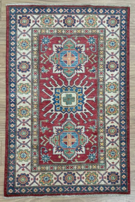 Afghan Kazak Handmade Rug Wool Beige & Red Multi 151X99