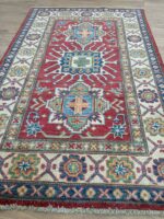 Afghan Kazak Handmade Rug Wool Beige & Red Multi 151X99