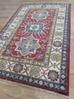 Afghan Kazak Handmade Rug Wool Beige & Red Multi 151X99