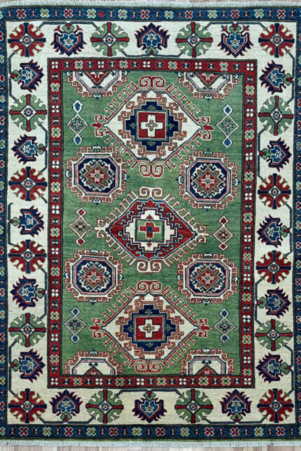 Afghan-Kazak-Handmade-Rug-Wool-Beige-Green-199X149