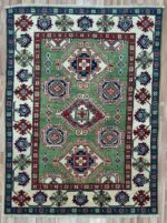 Afghan Kazak Handmade Rug Wool Beige & Green 199X149