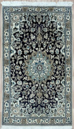 Persian Nain Handmade Rug Wool & Silk Natural & Navy 210X125